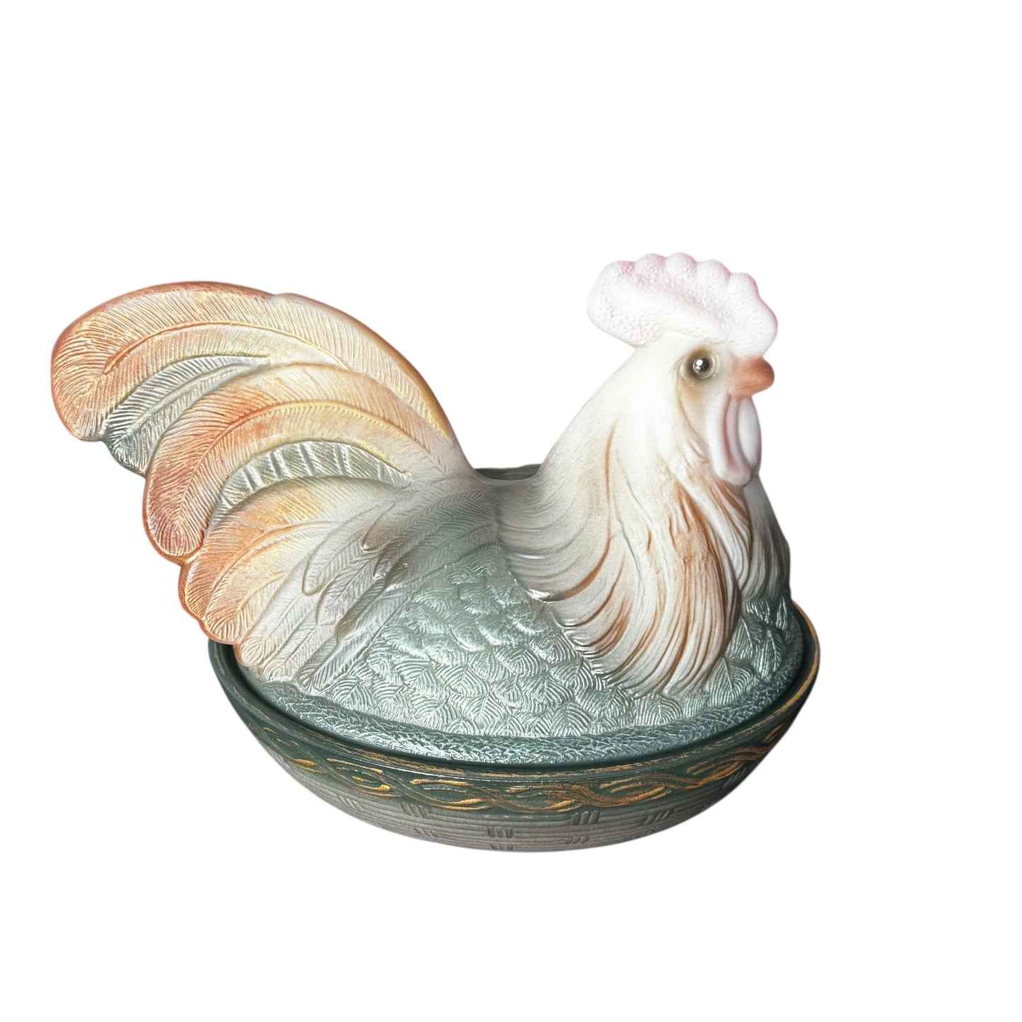 Fenton Large Hand-Painted Hen on Nest – Natural Pastel Rooster Design Signed by S. Fisher & Mike Husk