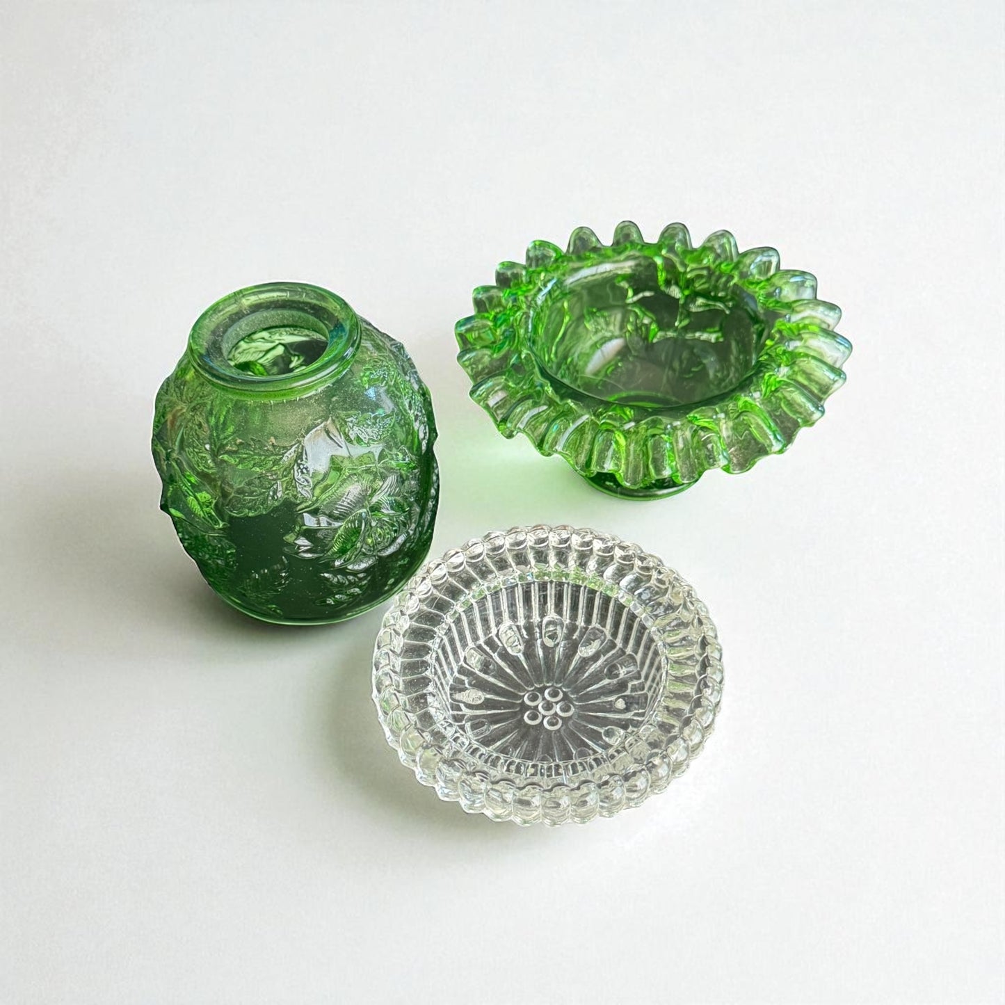 L.G. Wright Fenton Embossed Green Roses Fairy Lamp 3-Piece Vintage Candle Holder