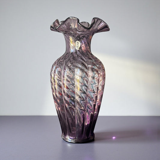 Fenton 10″ Plum Swirl Hand-blown Glass Vase – Vintage Ruffled Rim Collectible