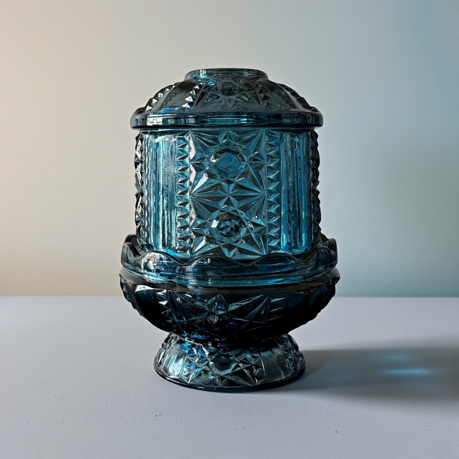 Indiana Glass blue Stars and Bars fairy lamp vintage 2-piece