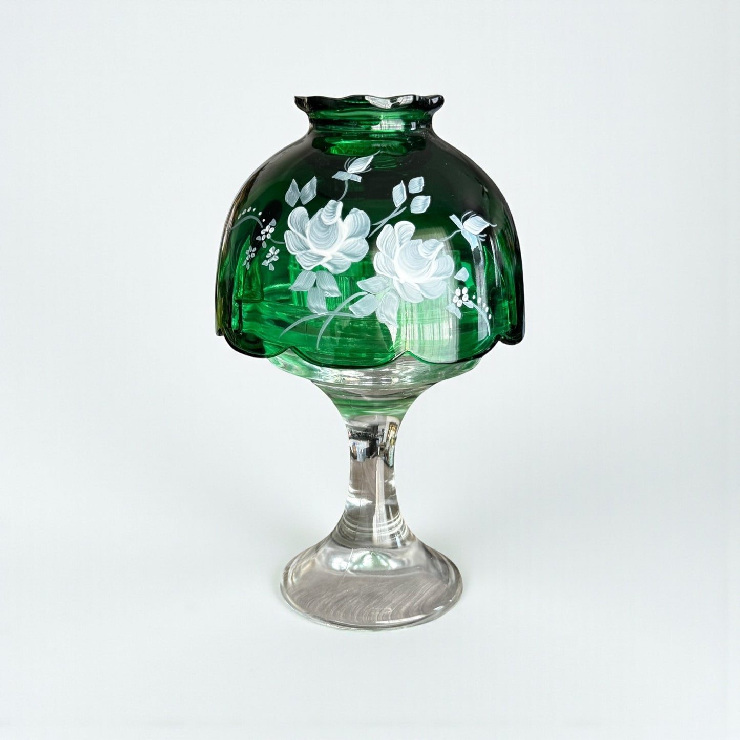 Fenton Emerald Green Hand-Painted Fairy Lamp on Pedestal – Signed Art Glass Floral Design