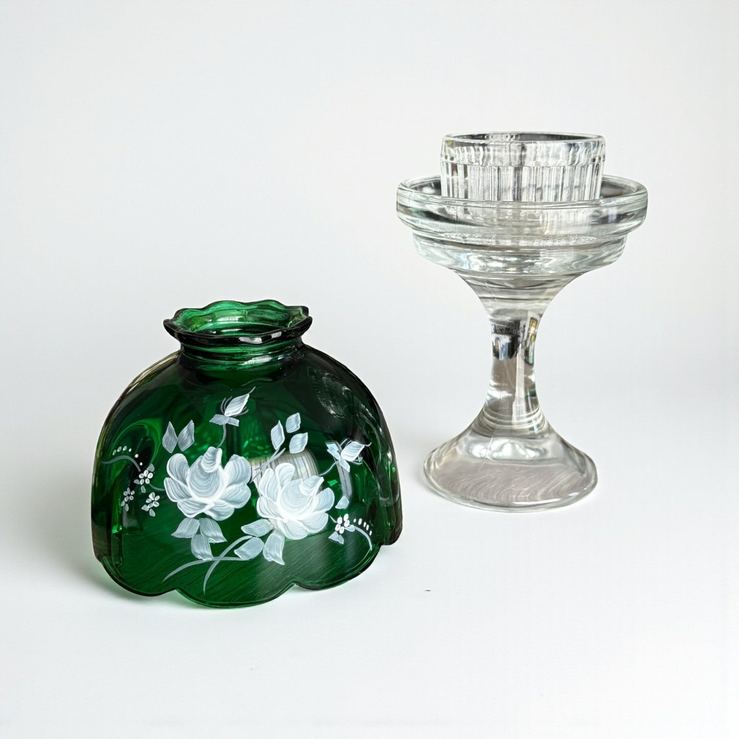 Fenton Emerald Green Hand-Painted Fairy Lamp on Pedestal – Signed Art Glass Floral Design