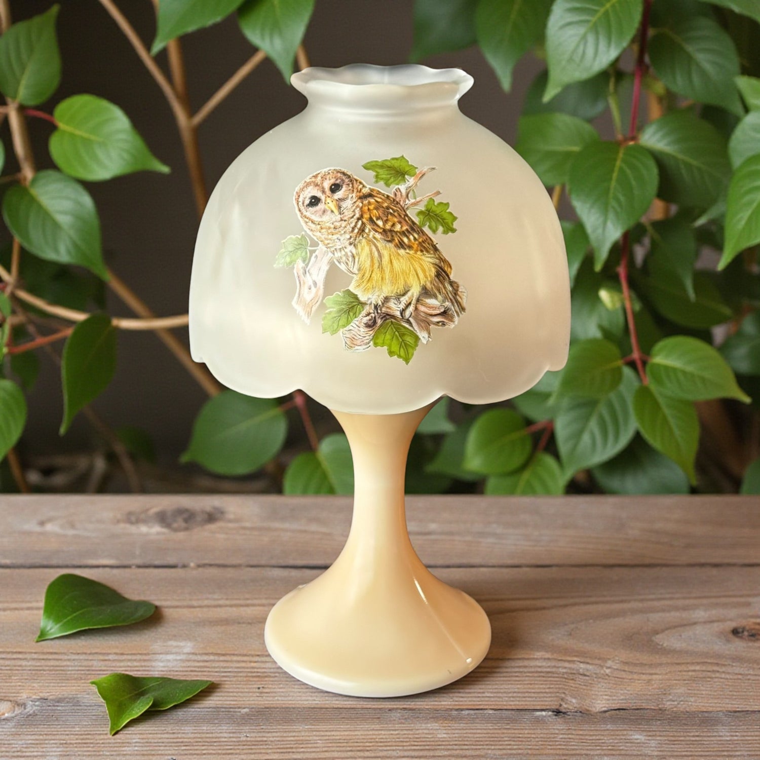 Westmoreland vintage satin glass owl fairy lamp beige pedestal art glass