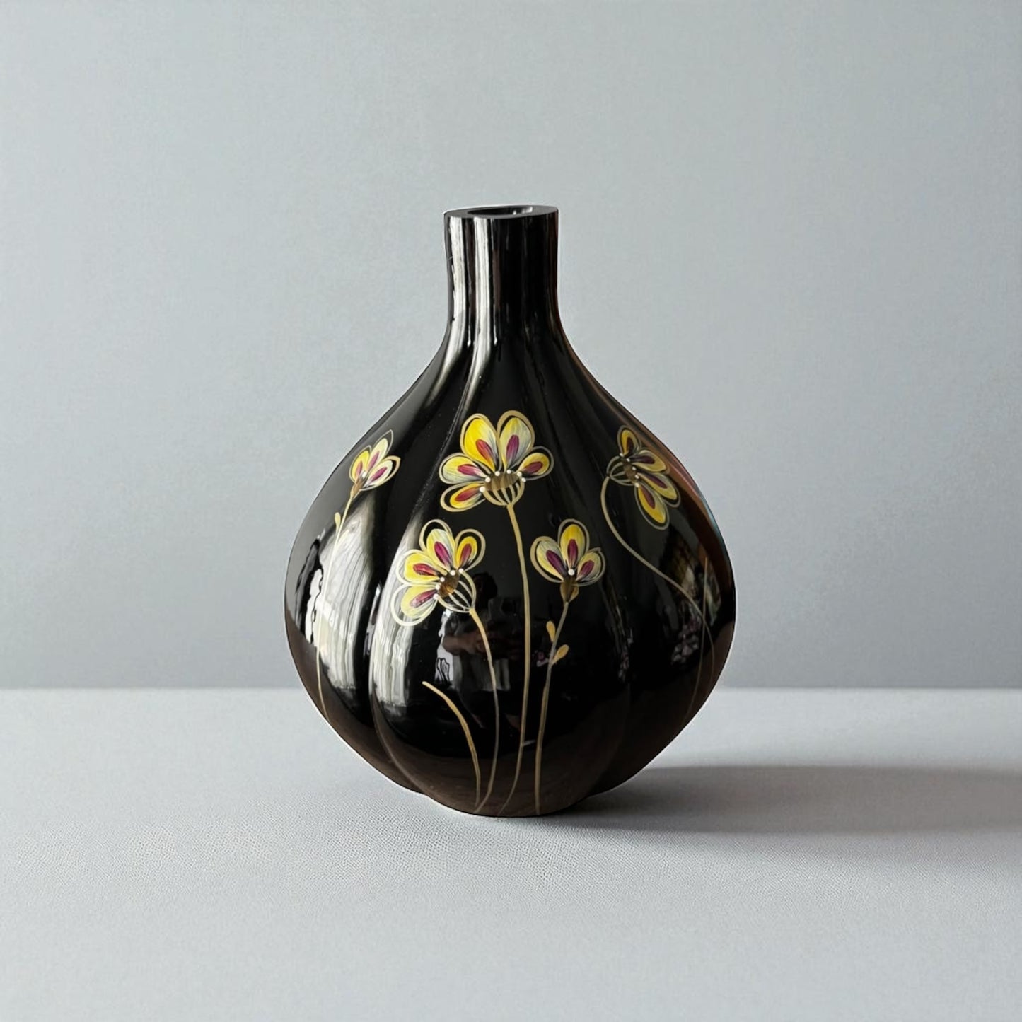 Fenton Art Glass Black Floral Melon Vase w/Original Sticker, Signed