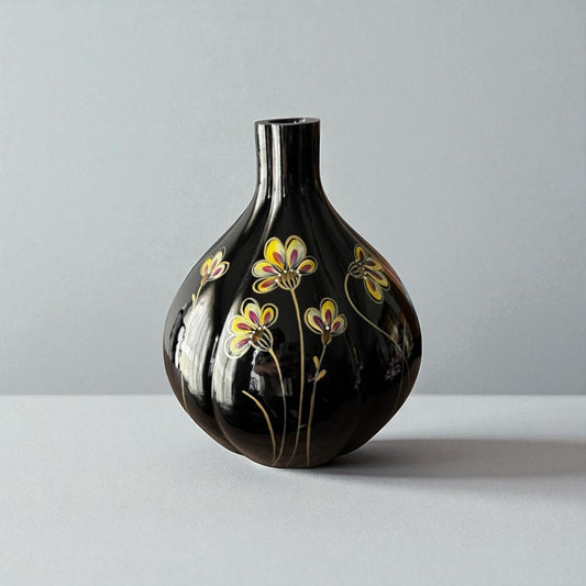 Fenton Art Glass Black Floral Melon Vase w/Original Sticker, Signed