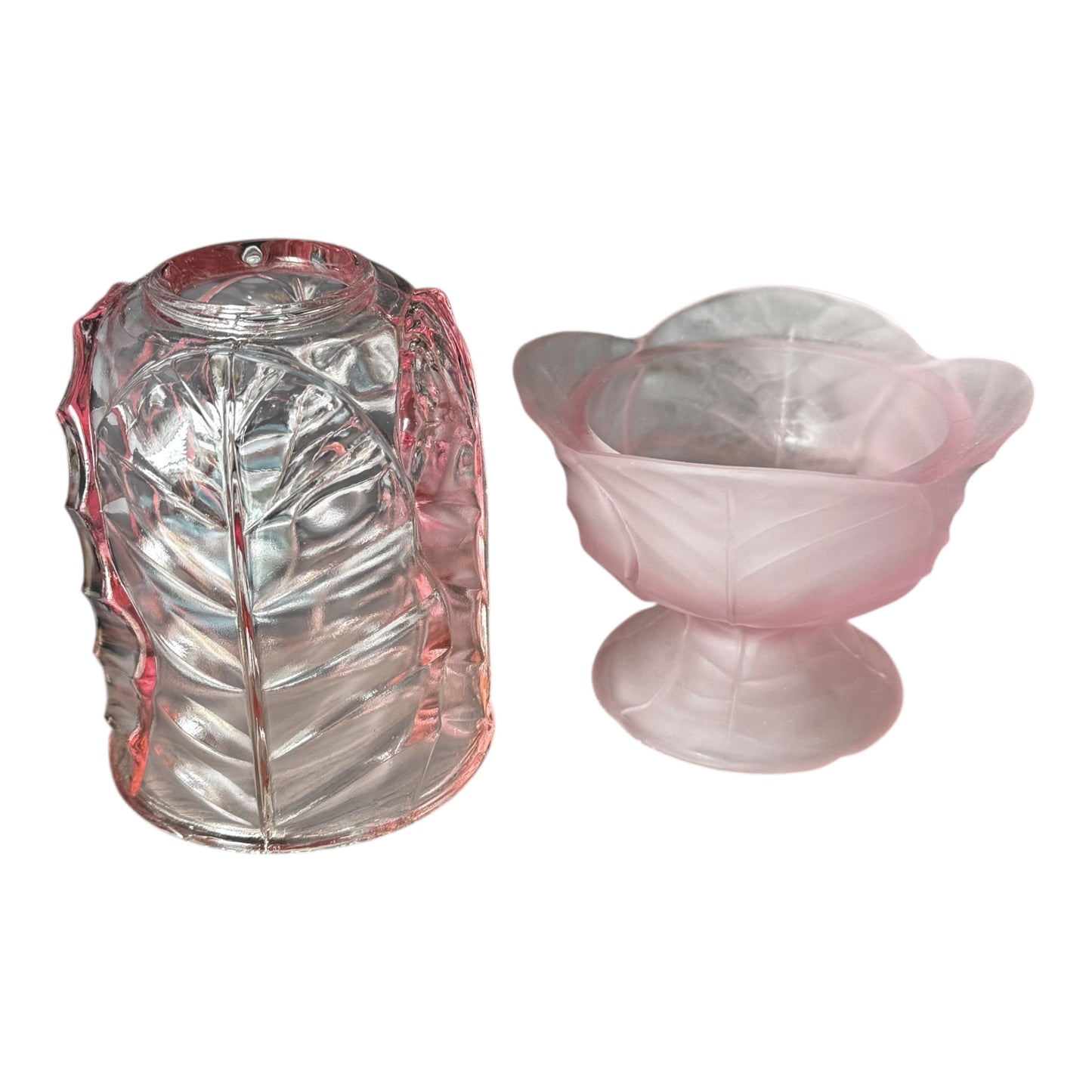 Vintage pink art glass candle holder with leaf design