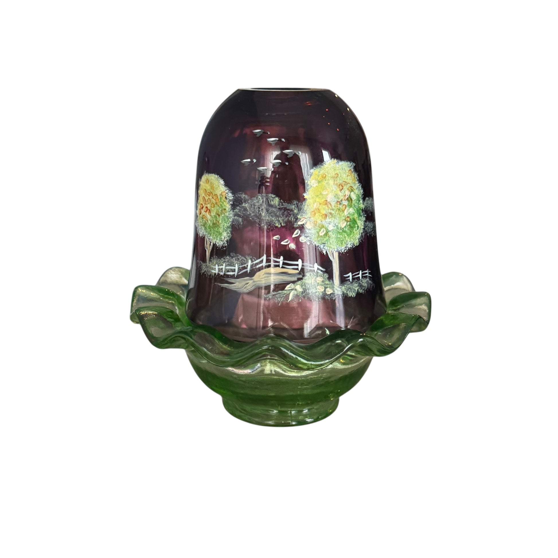 Fenton 2-piece fairy lamp with ruffled green base and painted trees