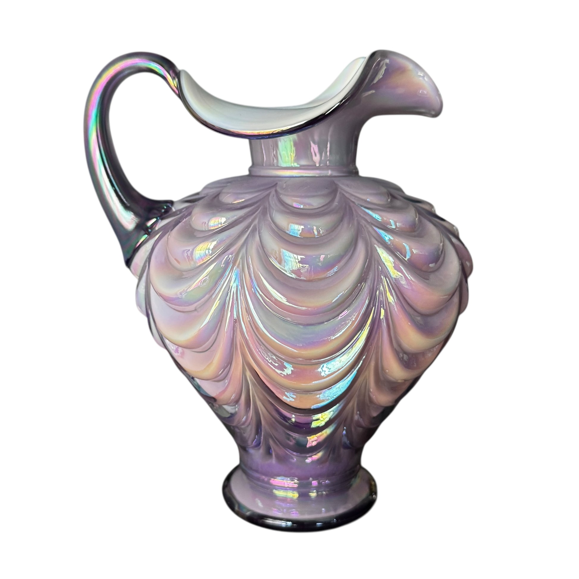 Iridescent Fenton lavender pitcher with draped pattern and flared spout