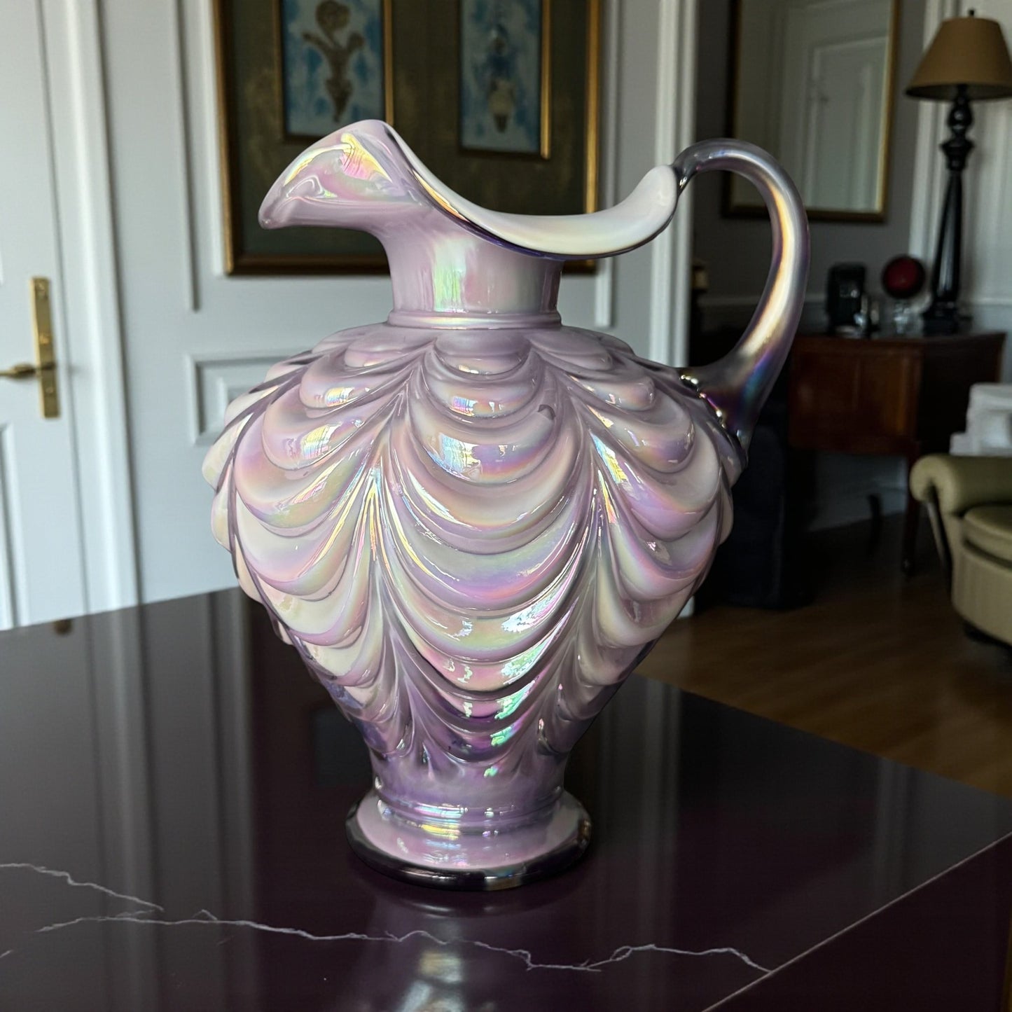 Fenton lavender lilac iridescent drapery glass pitcher vase with curved handle
