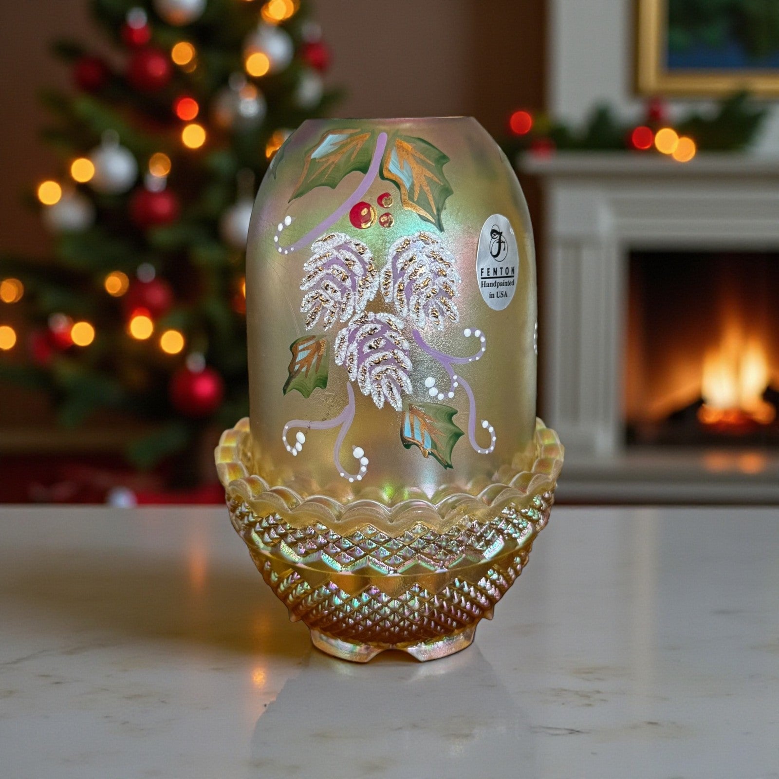 Fenton golden iridescent fairy lamp with hand-painted pinecones and holly