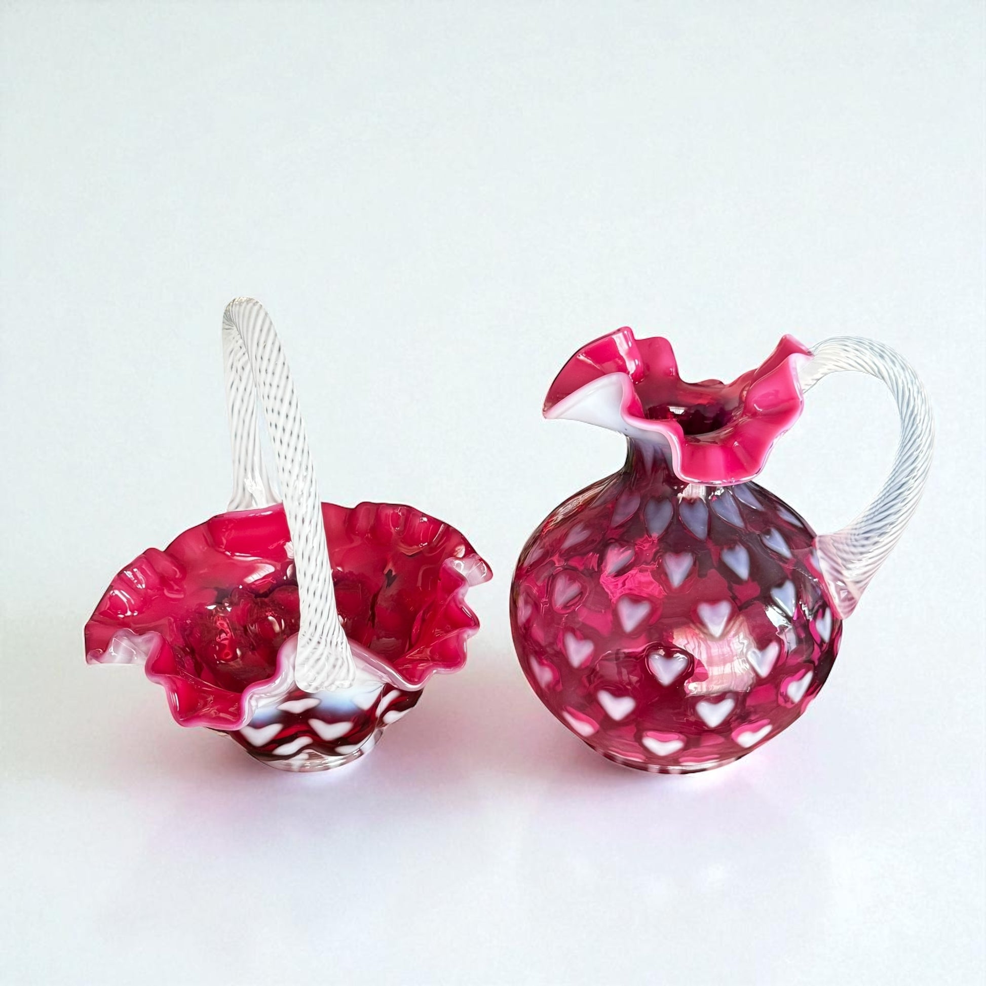 Fenton ruby red heart optic glass pitcher 7.5″ tall