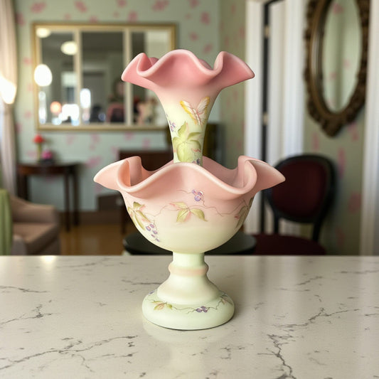 Fenton Lotus Mist Green one-horn epergne vase with hand-painted florals and butterfly design