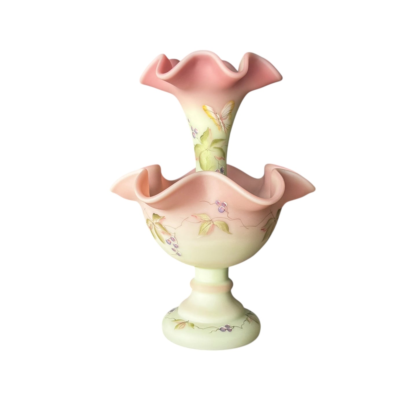 Fenton green satin glass epergne showing floral and butterfly detail