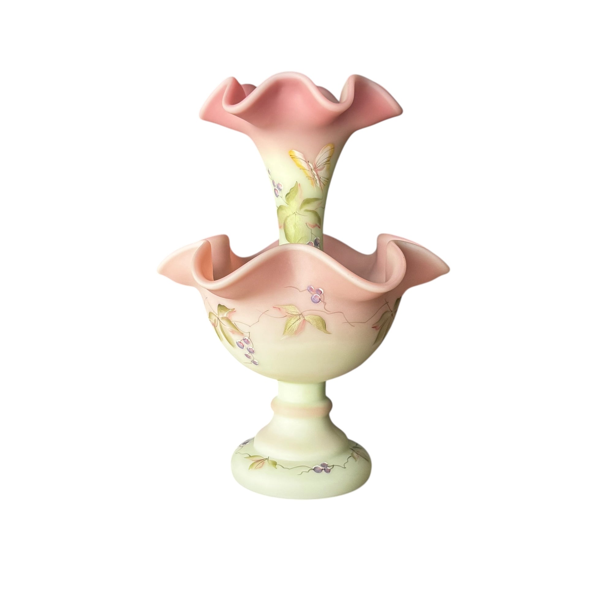 Fenton green satin glass epergne showing floral and butterfly detail
