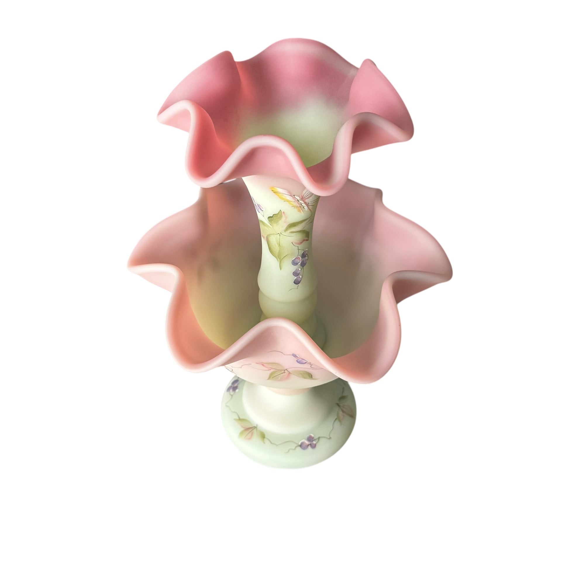 Vintage Fenton satin glass epergne in pastel pink and green tones