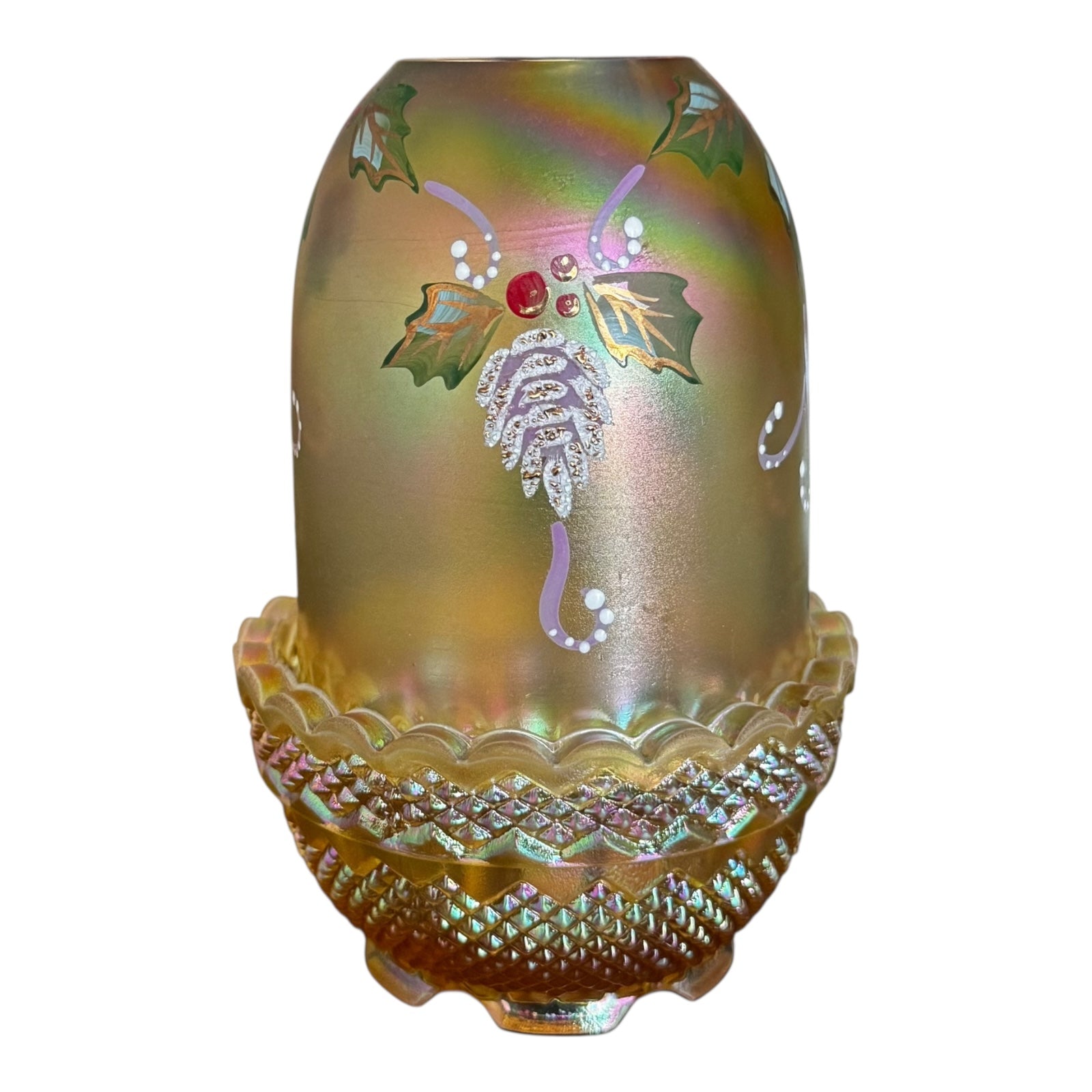 Fenton hand-painted winter pinecone glass candle holder