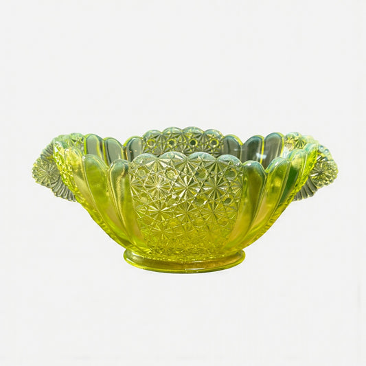 Fenton Daisy and Button topaz vaseline opalescent uranium glass fruit serving bowl