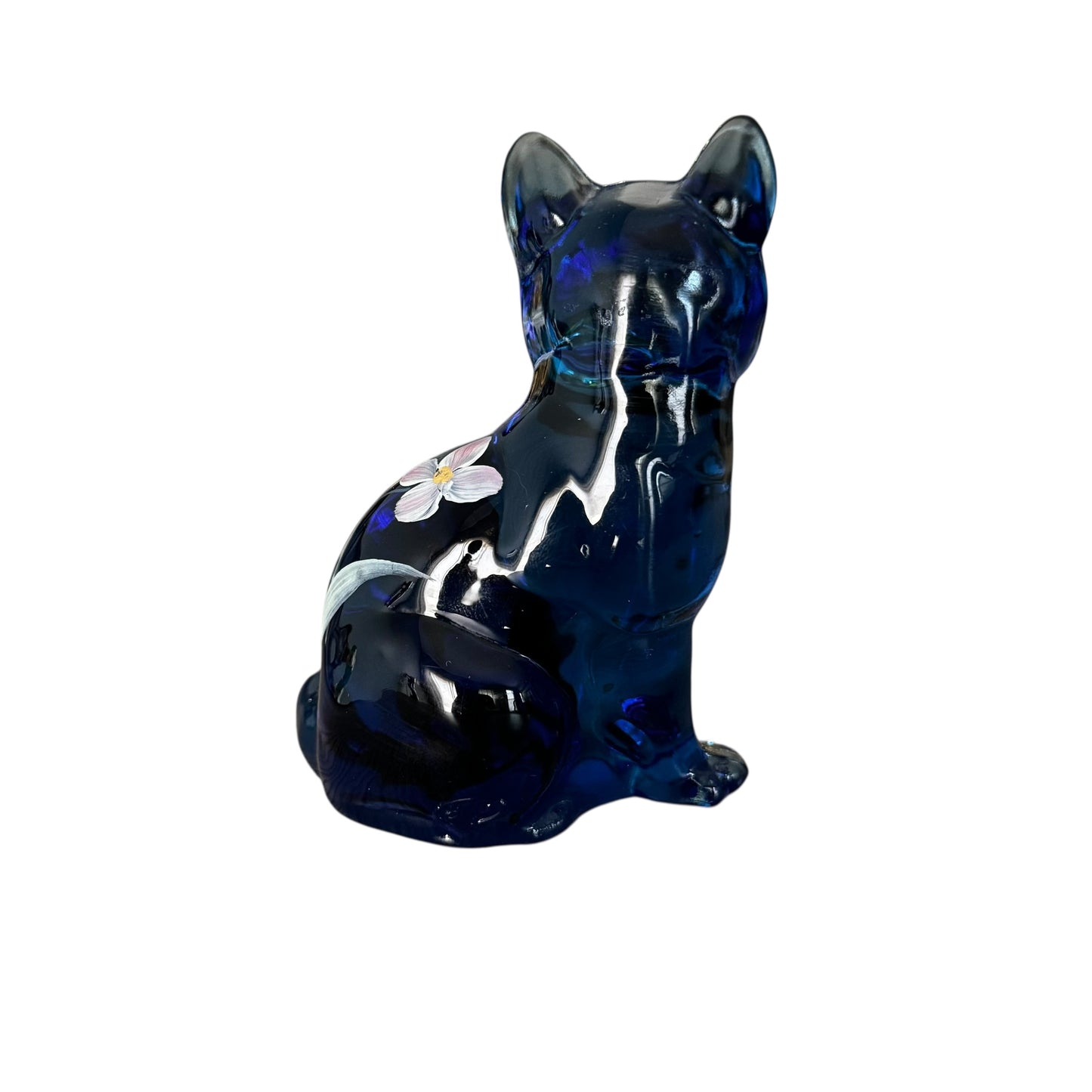 Fenton Deep Blue Hand-Painted Lily Sitting Cat Figurine – Signed Vintage Art Glass Collectible