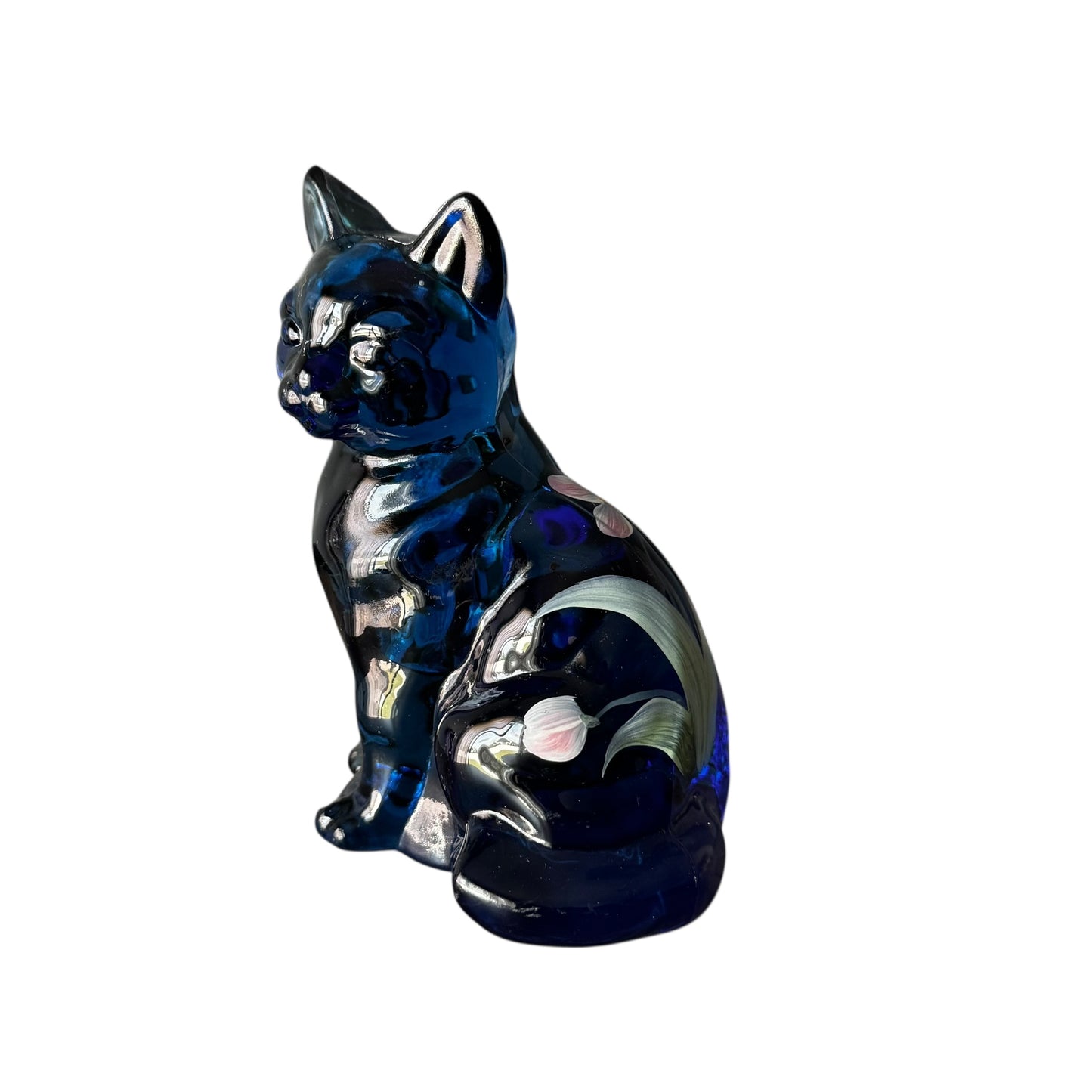 Fenton Deep Blue Hand-Painted Lily Sitting Cat Figurine – Signed Vintage Art Glass Collectible