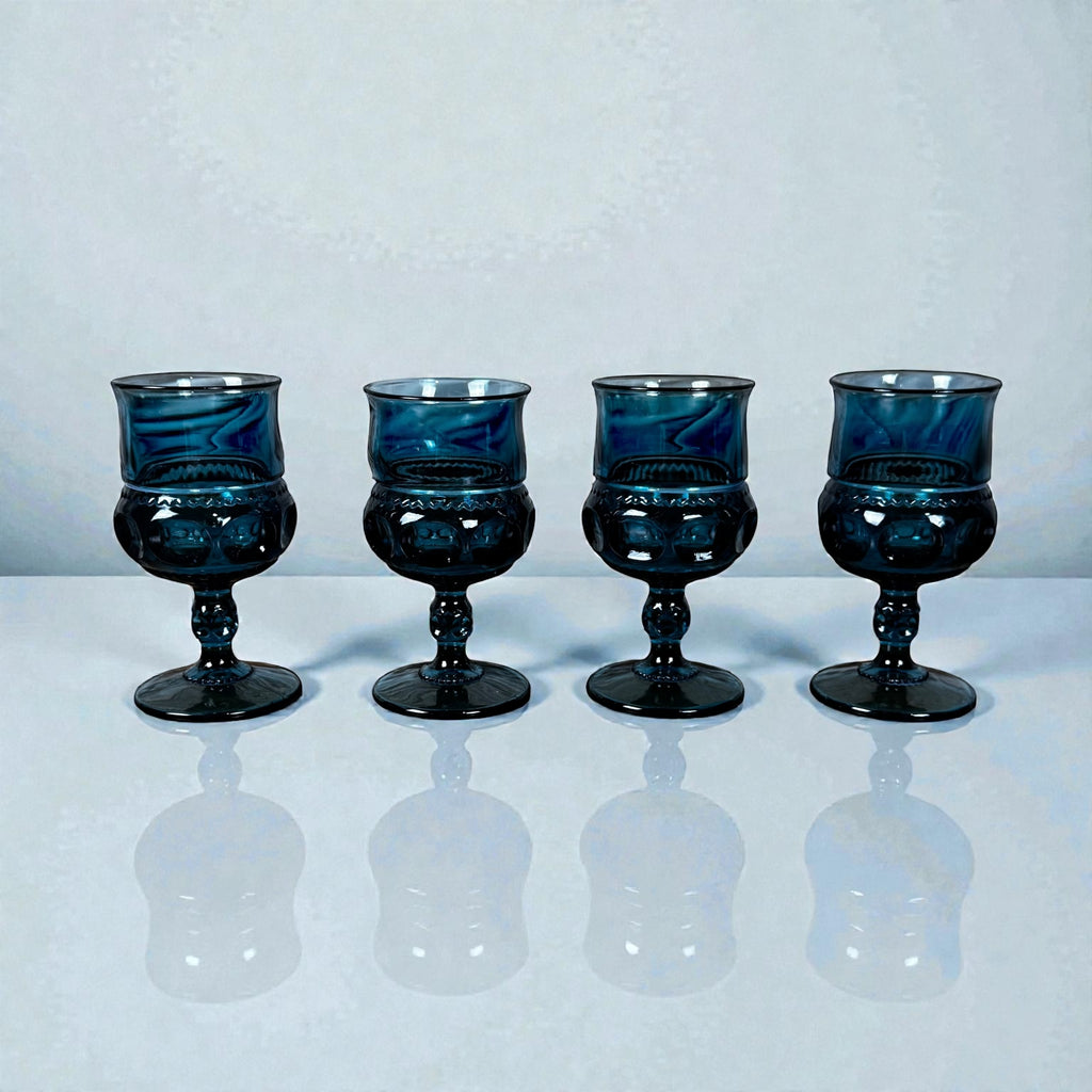 Vintage Indiana Glass Kings Crown thumbprint goblets blue set