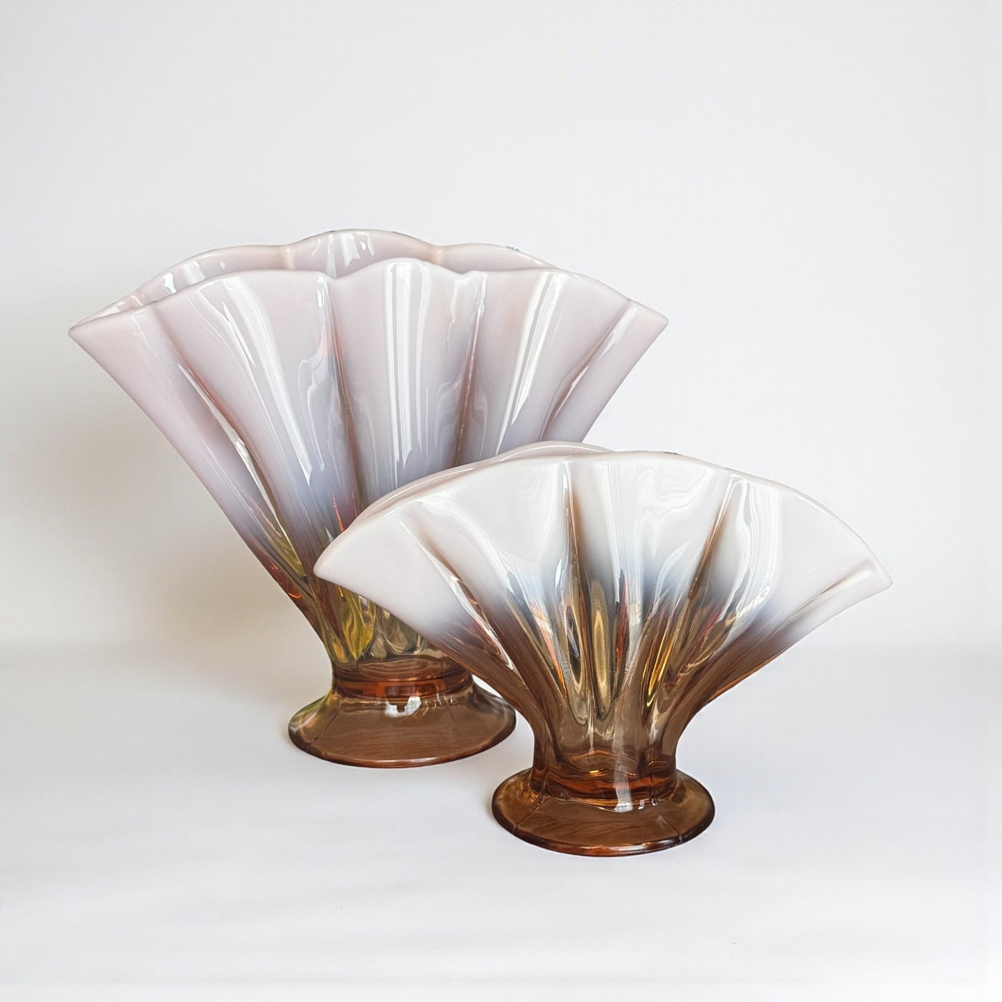 Fenton Art Glass Vintage Set of Amber Cameo Opalescent Stretch Vases