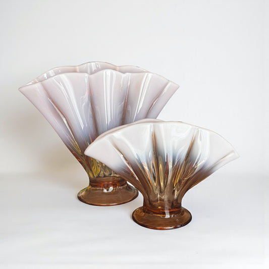 Fenton Art Glass Vintage Set of Amber Cameo Opalescent Stretch Vases