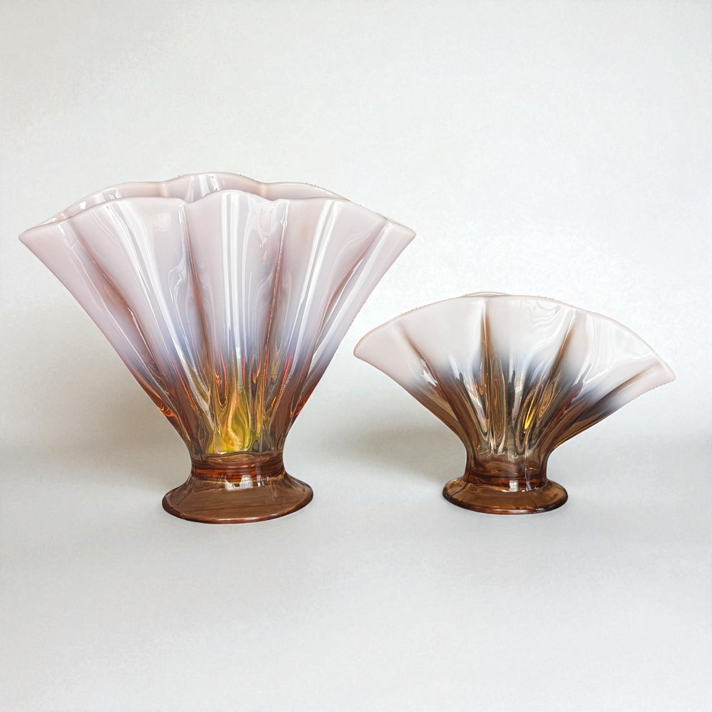 Fenton Art Glass Vintage Set of Amber Cameo Opalescent Stretch Vases