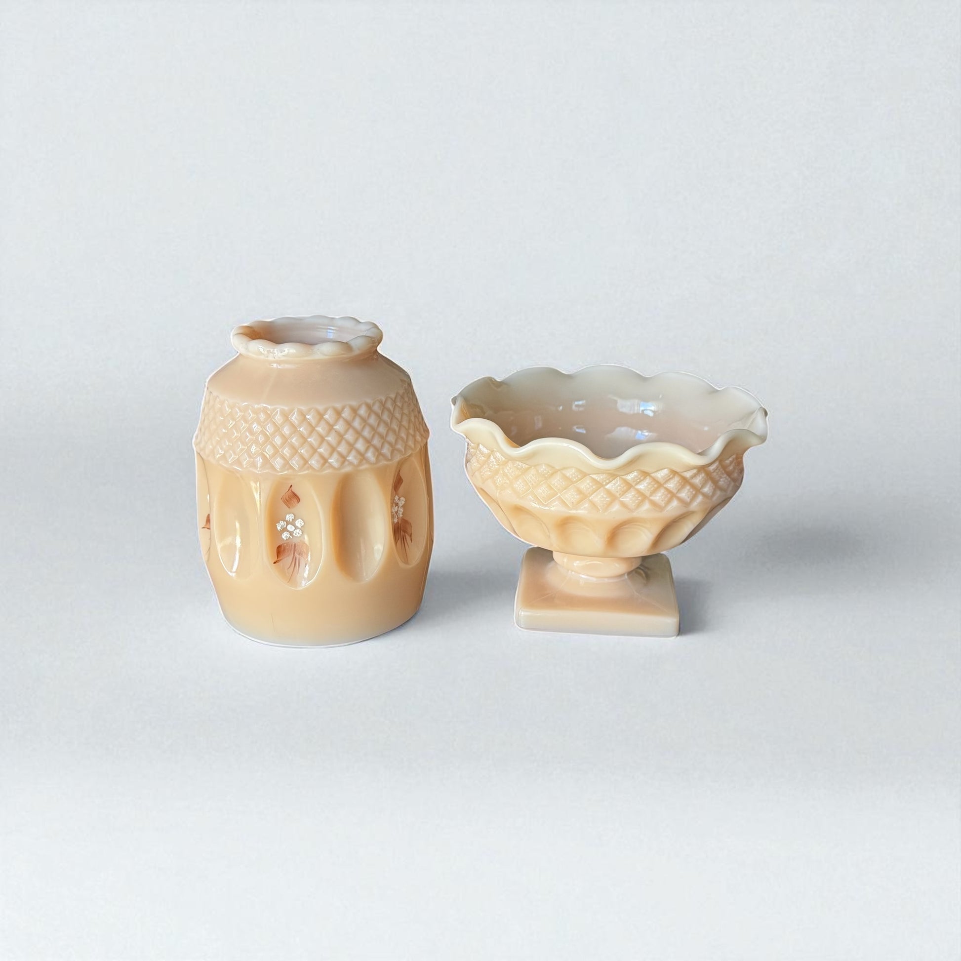 Both pieces of Westmoreland almond milk glass fairy lamp with pedestal base and floral decoration