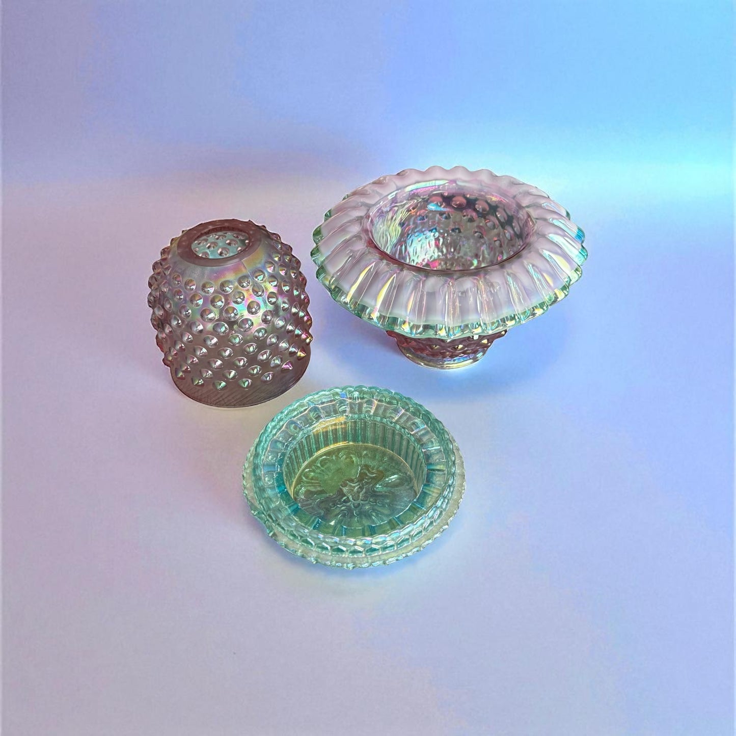 Sherry Fenton Purple Iridescent Hobnail Fairy Lamp 3-Piece Glass Candle Holder