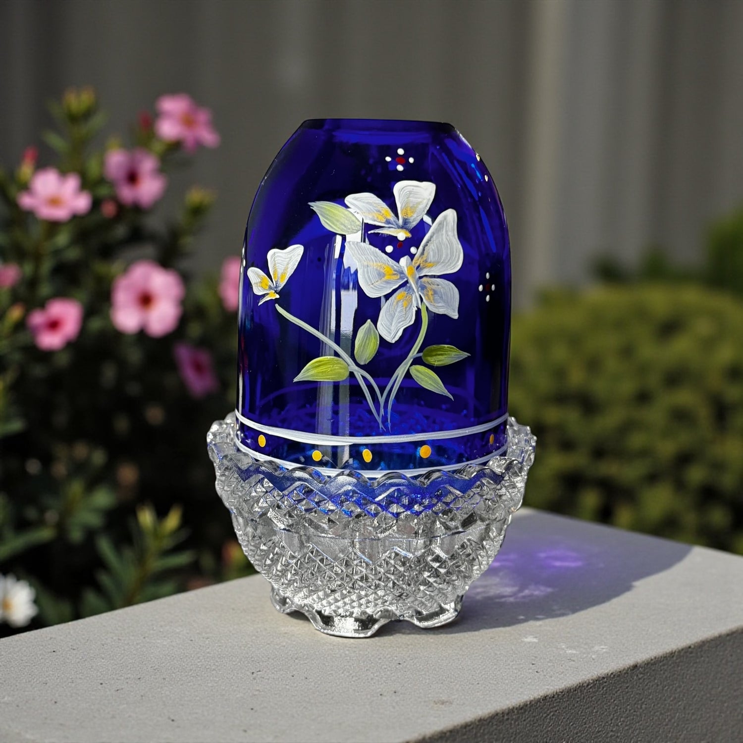 Fenton cobalt blue fairy lamp with hand painted butterfly and floral design