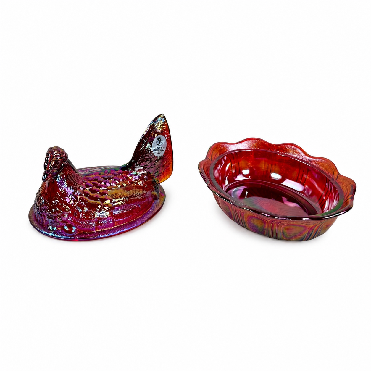 Ruby Carnival glass hen with iridescent finish by Fenton