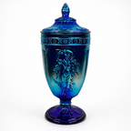 Fenton Dancing Ladies covered jar in cobalt blue iridescent art glass