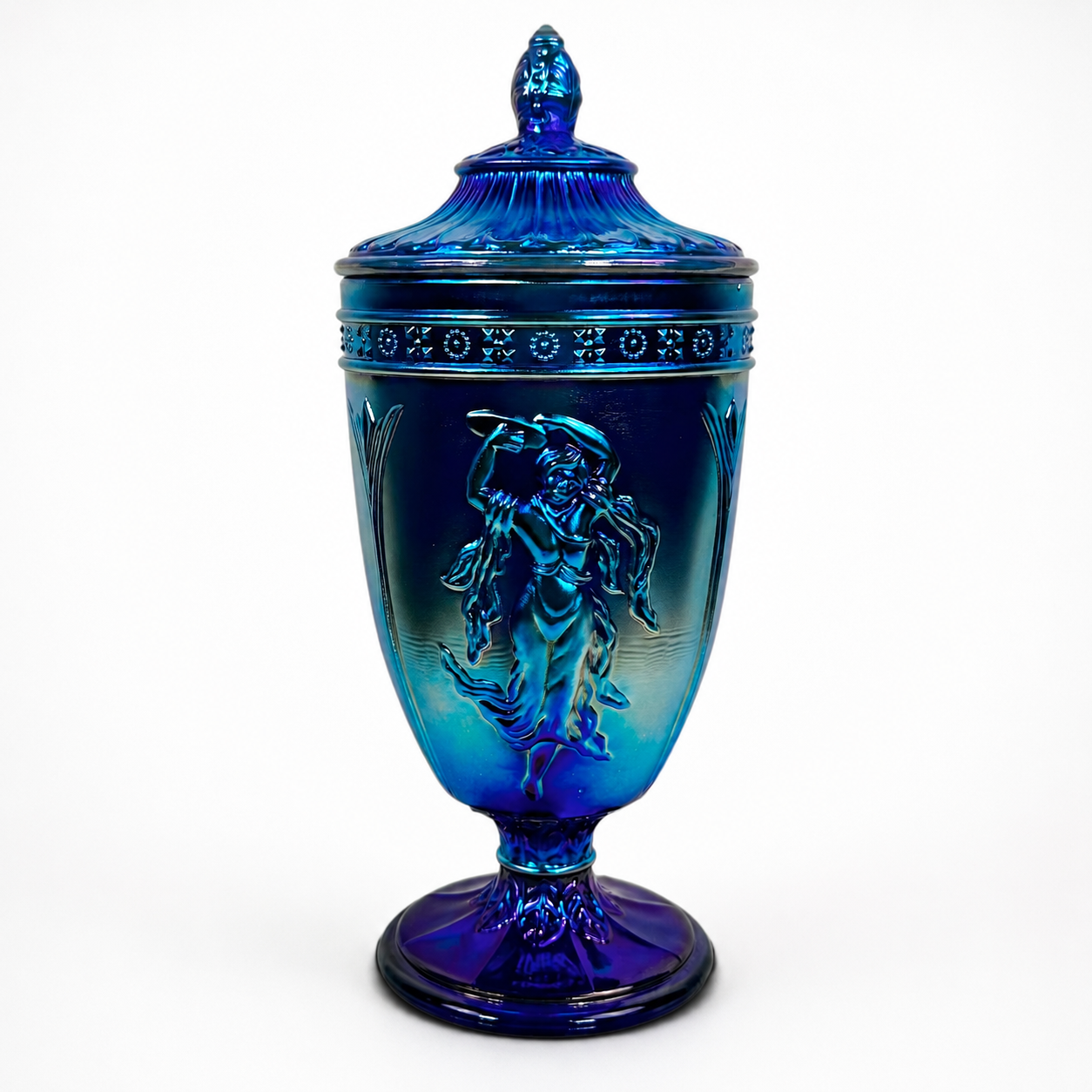 Fenton Dancing Ladies covered jar in cobalt blue iridescent art glass