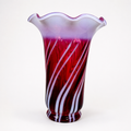 Vintage Fenton Cranberry Opalescent Spiral Optic vase with ruffled rim