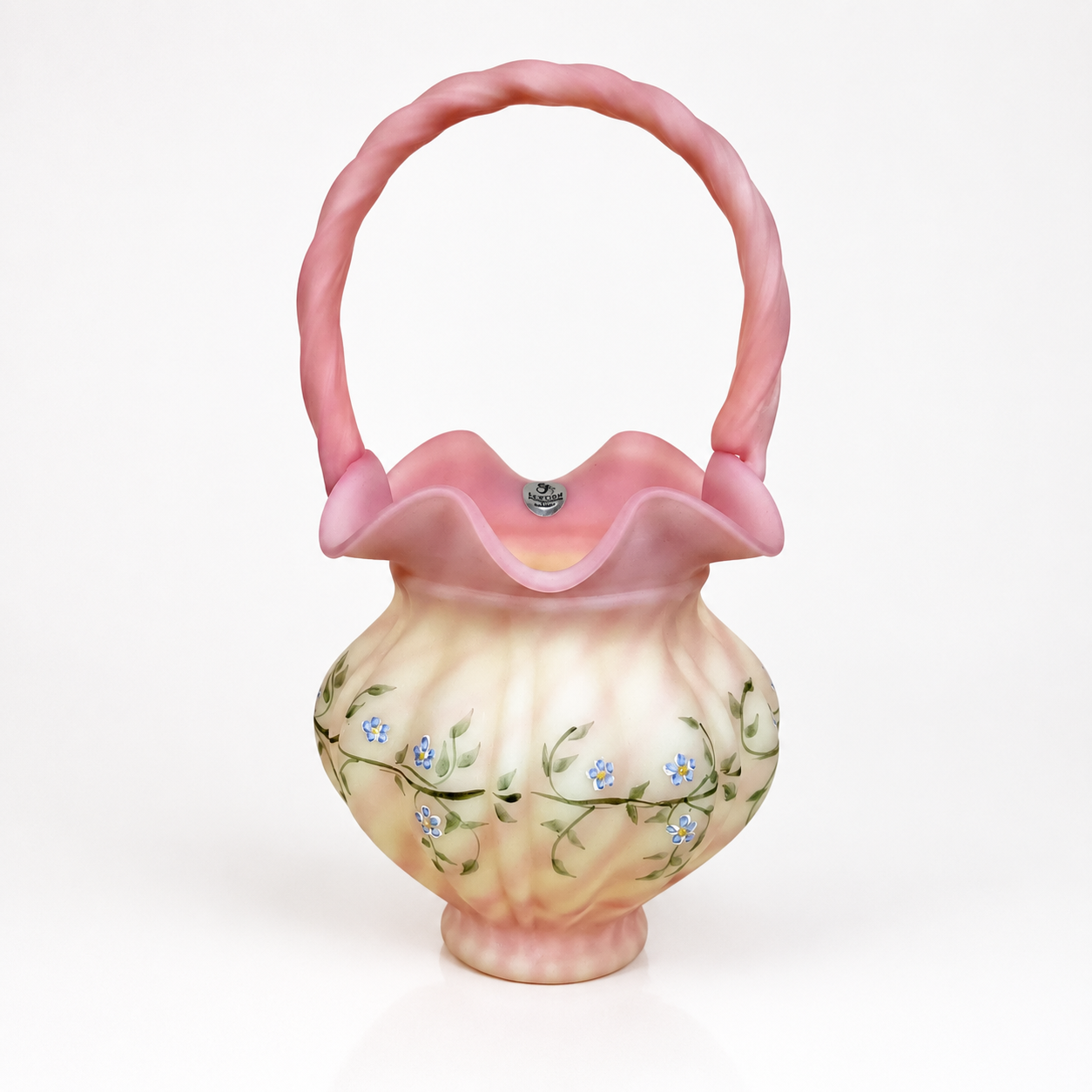 Fenton Burmese basket with hand painted violet flowers