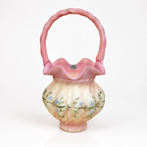 Fenton Burmese basket with hand painted violet flowers