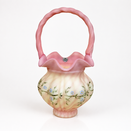 Fenton Burmese basket with hand painted violet flowers