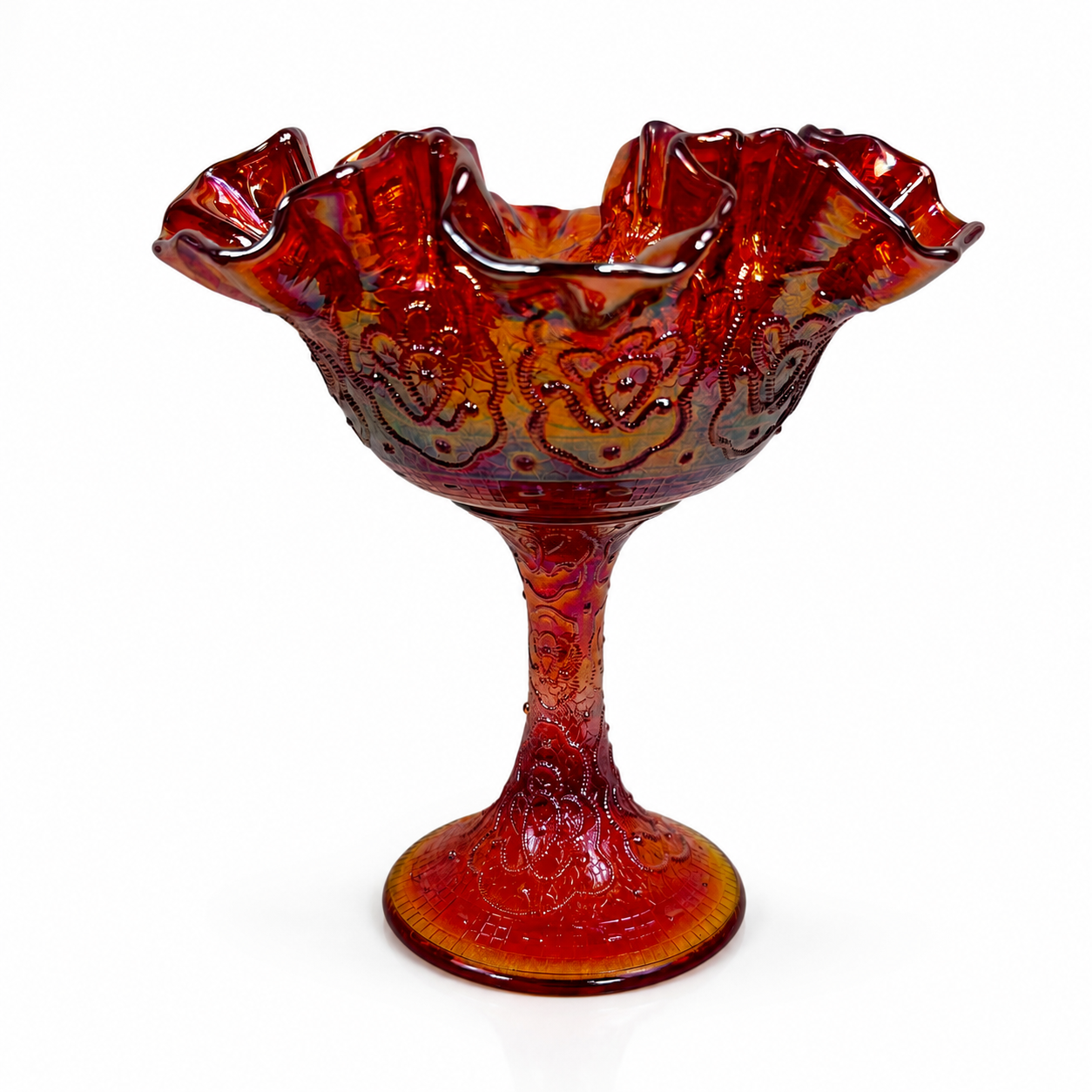 Vintage Fenton Persian Medallion compote in Amberina carnival glass