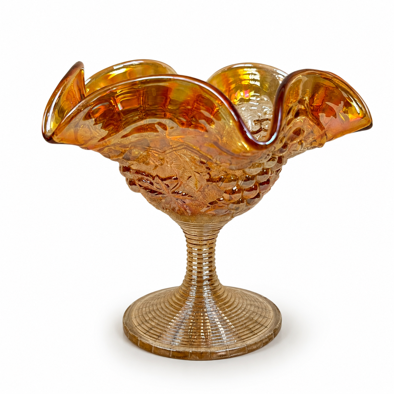 Vintage Fenton carnival glass pedestal bowl with grape pattern