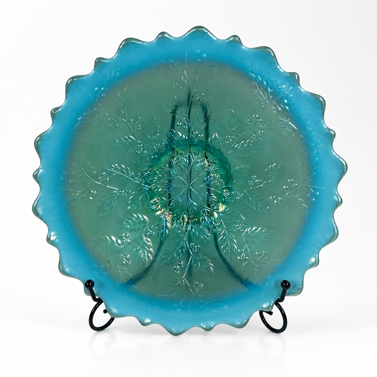 Fenton Holly Celeste teal opalescent cabinet plate