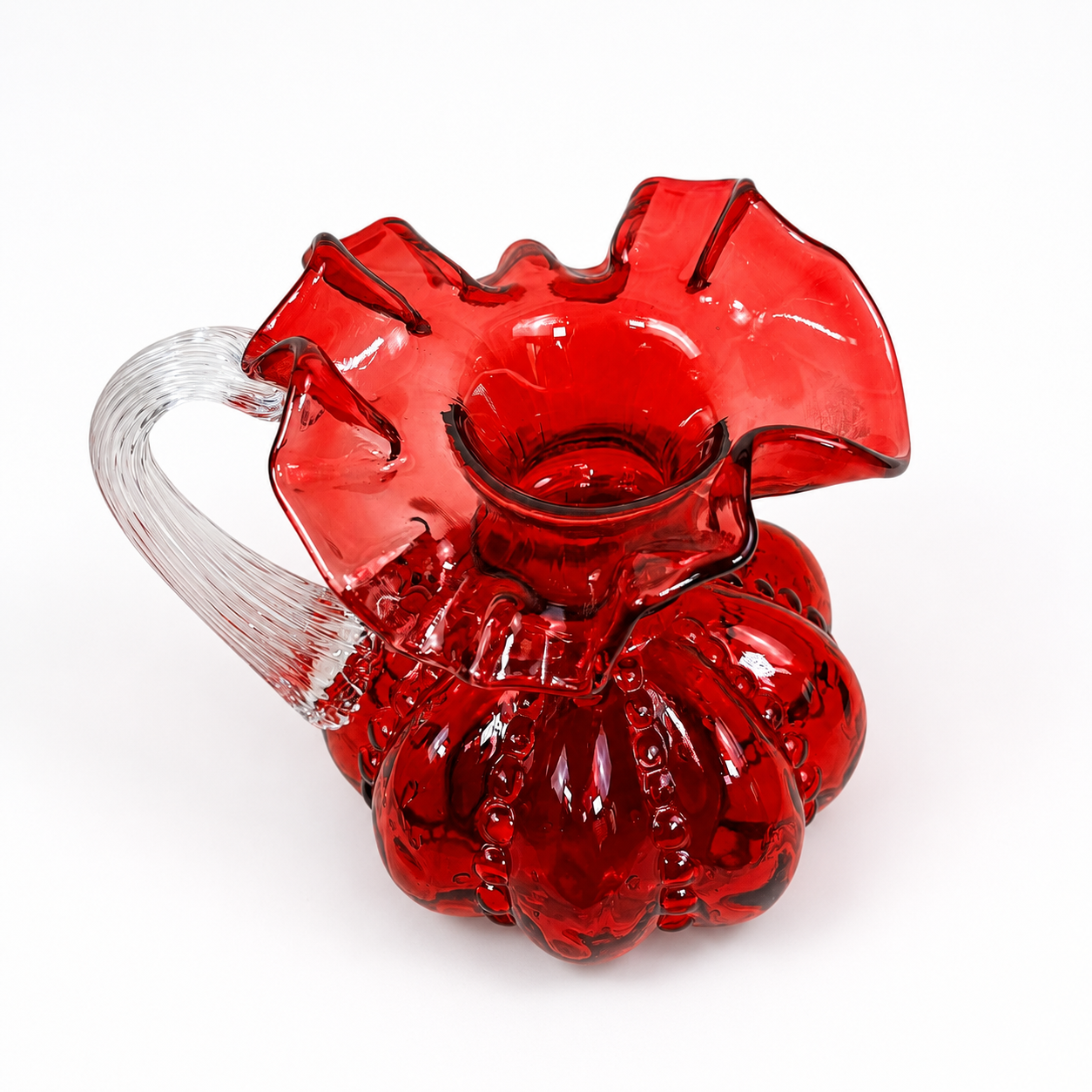 Vintage Fenton cranberry glass pitcher with ruffled rim