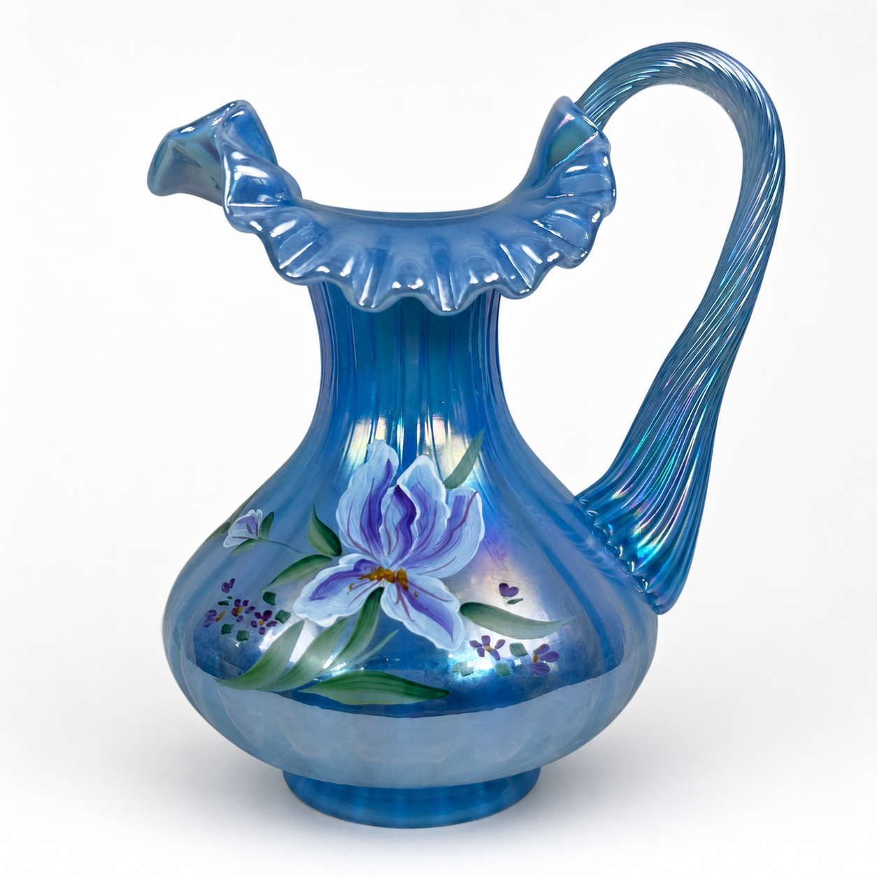 Fenton Family Signature Series blue iridescent iris pitcher